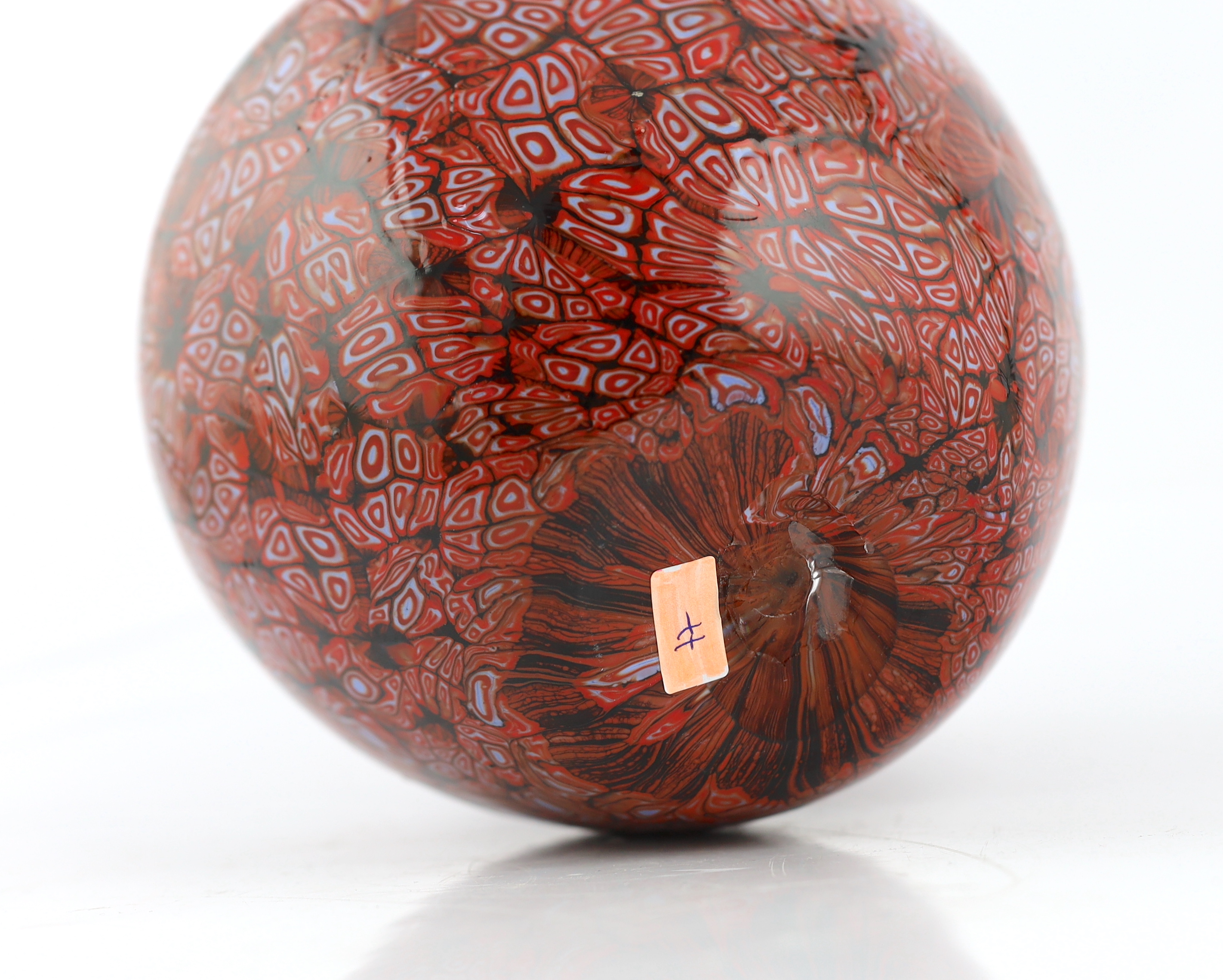 Vittorio Ferro (1932-2012) A Murano glass Murrine ovoid vase, in red, orange and white, unsigned, 21cm, Please note this lot attracts an additional import tax of 20% on the hammer price